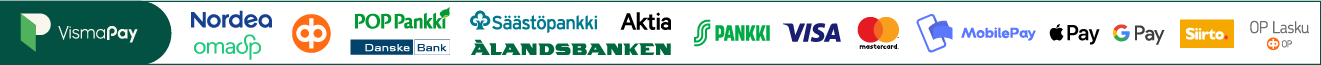 Maksutavat: Visa, Mastercard, verkkopankit, MobilePay, Apple Pay, Google Pay, Siirto, OP Lasku